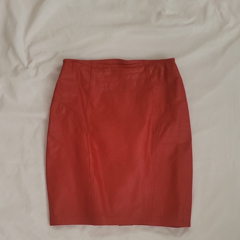 Vintage Red Leather Pencil Midi Skirt Sz 7-8 Obssetion Lined Zipper Slit